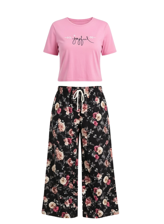 Joyful Pink Tee & Black Floral Palazzo Pajama Set