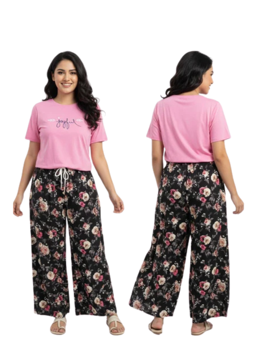 Joyful Pink Tee & Black Floral Palazzo Pajama Set