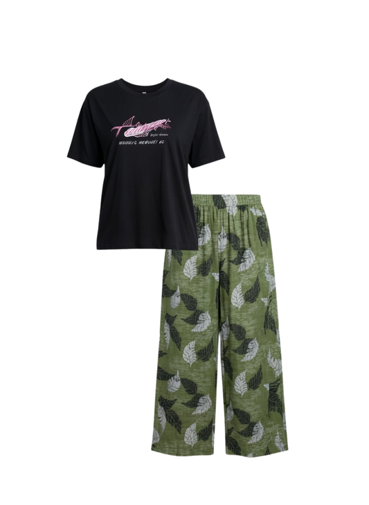 Olive Leaf Print Palazzo Pants with Black Graphic Tee β Casual Lounge Combo