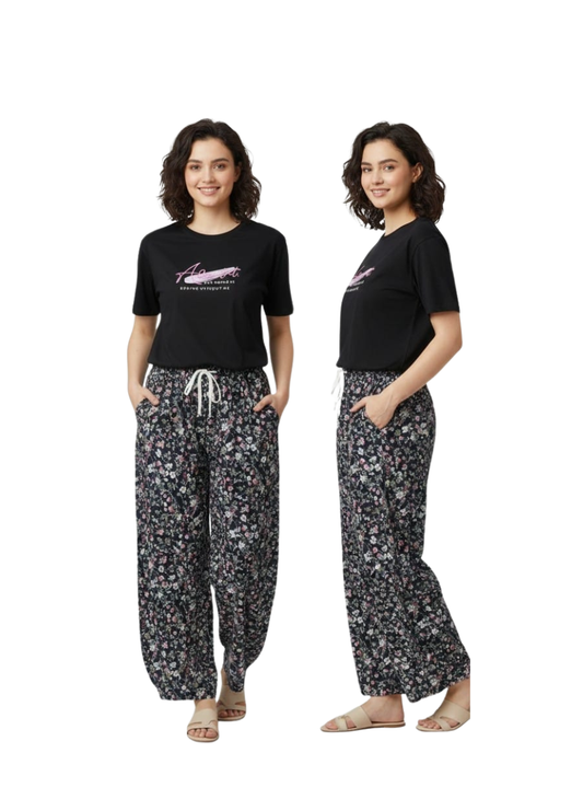 Floral Palazzo & Black Tee Combo