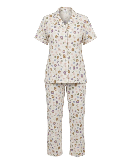 Chillpjs wildflower popcorn crinkle pajama set with short sleeves and floral print in purple, sage, and ochre.