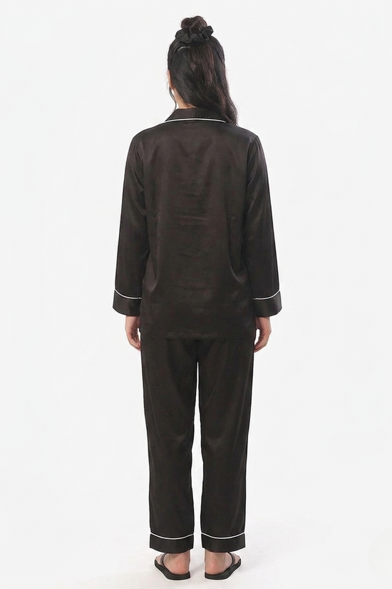 Satin Silk Pajama Suit with Scrunchie-Black