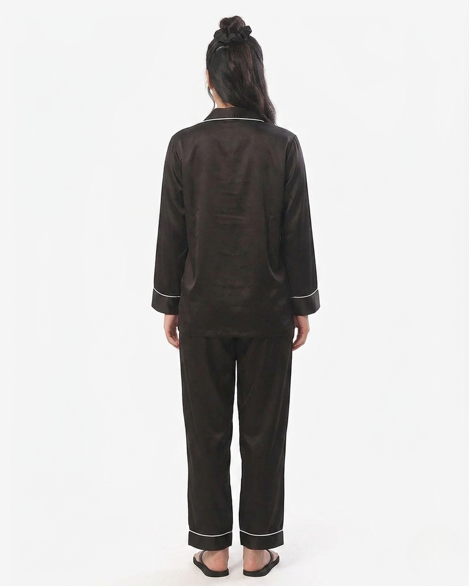 Satin Silk Pajama Suit with Scrunchie-Black