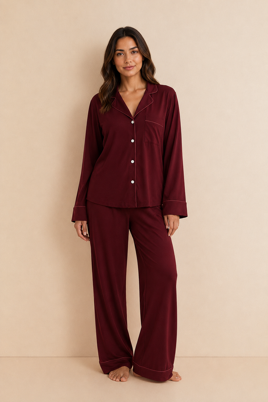 Soft Linen Pajama Set-Maroon