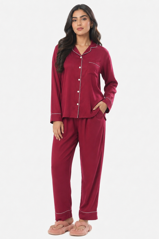 Satin Silk Pajama Suit with Scrunchie-Maroon