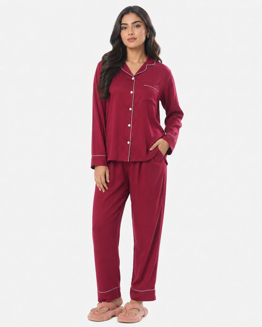 Satin Silk Pajama Suit with Scrunchie-Maroon