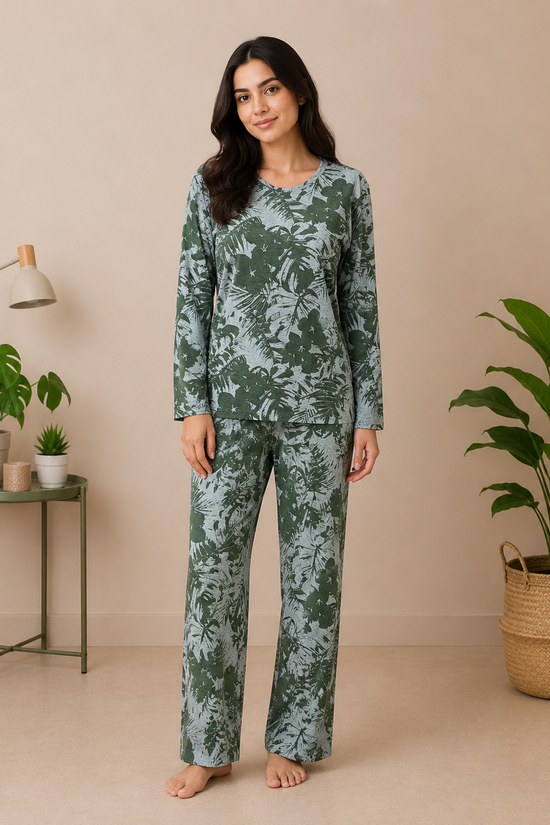 Green Leaf Print Night Suit – Full Sleeves
