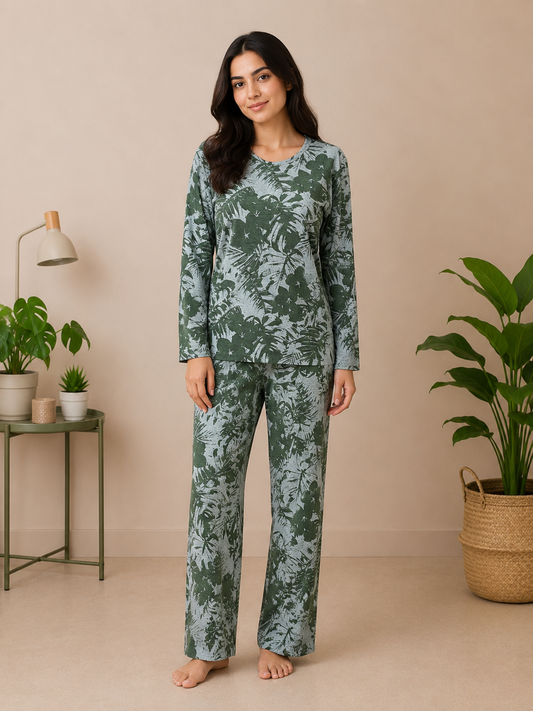 Green Leaf Print Night Suit – Full Sleeves
