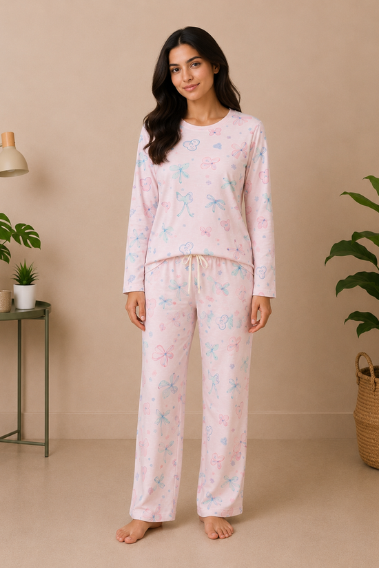 White Pink Floral Cozy Night Suit – Full Sleeves