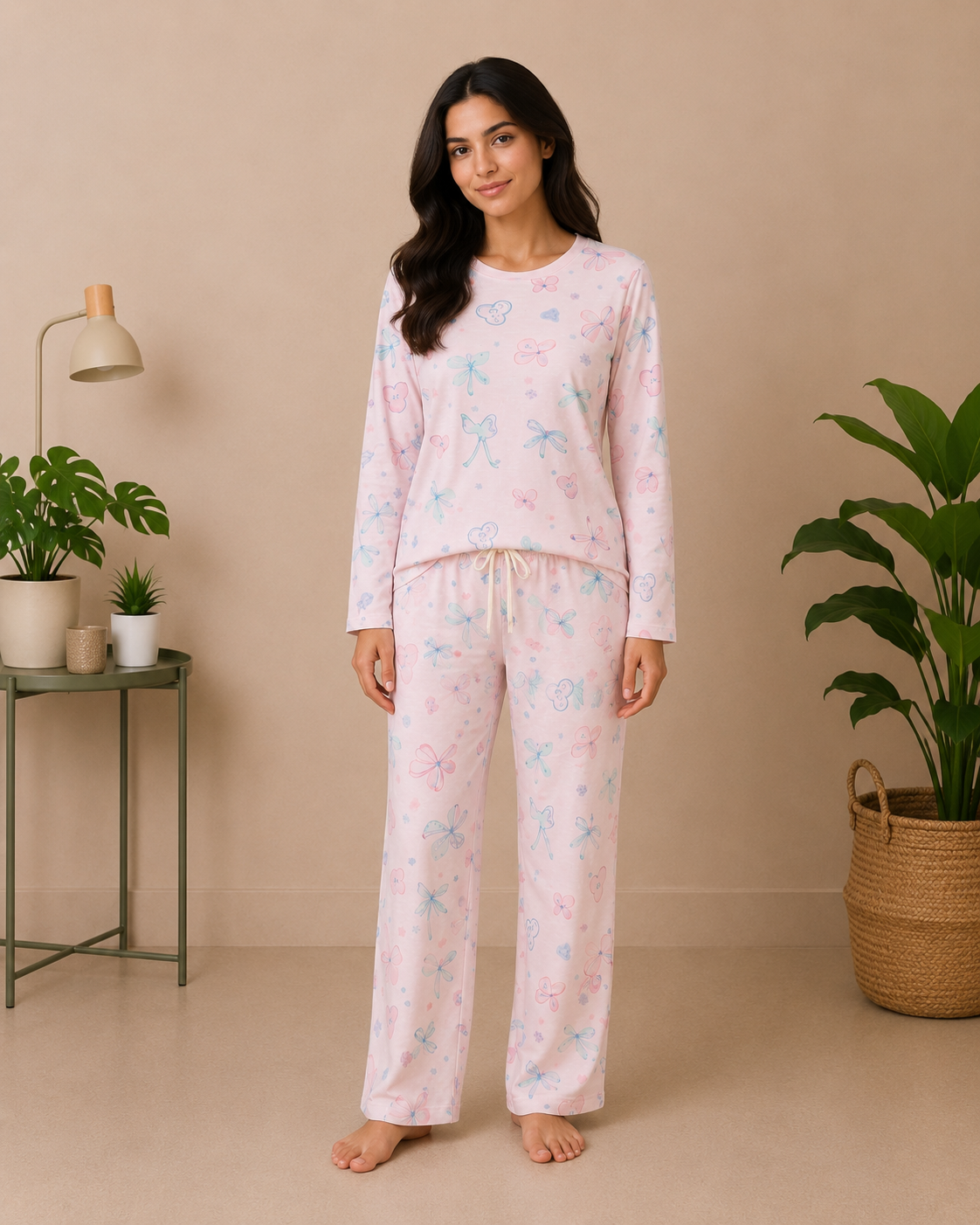 White Pink Floral Cozy Night Suit – Full Sleeves