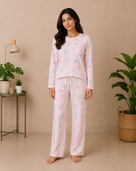 White Pink Floral Cozy Night Suit – Full Sleeves