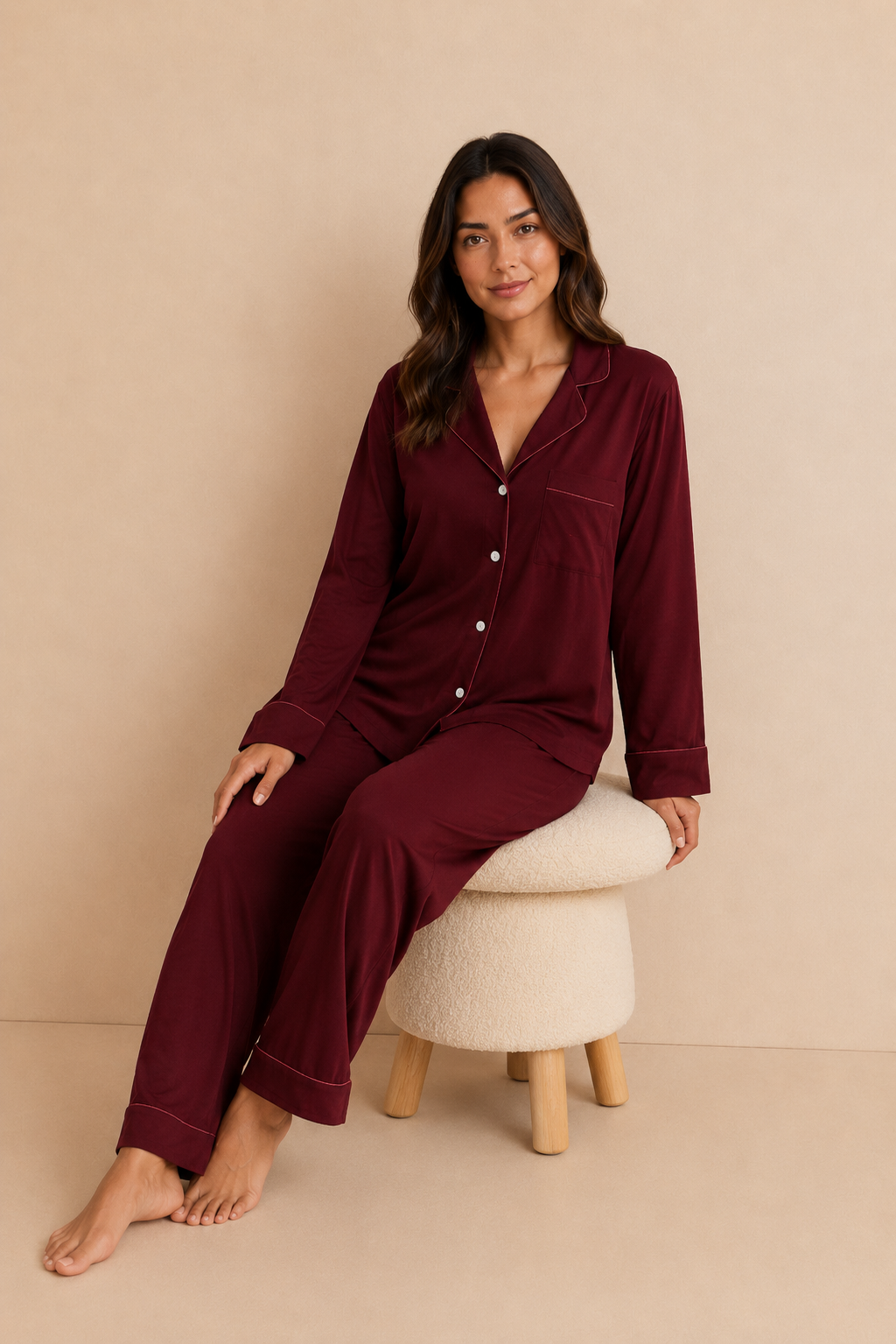 Soft Linen Pajama Set-Maroon