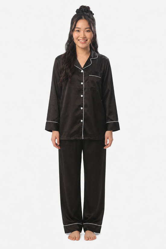 Satin Silk Pajama Suit with Scrunchie-Black