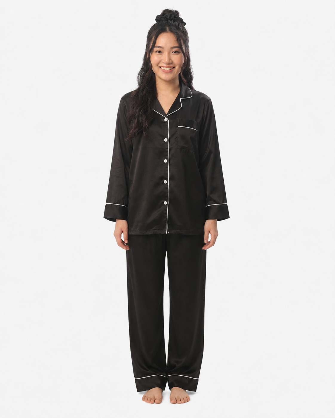 Satin Silk Pajama Suit with Scrunchie-Black
