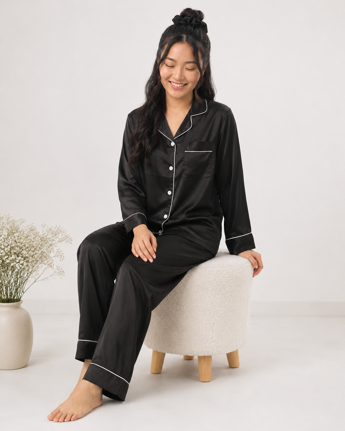 Satin Silk Pajama Suit with Scrunchie-Black