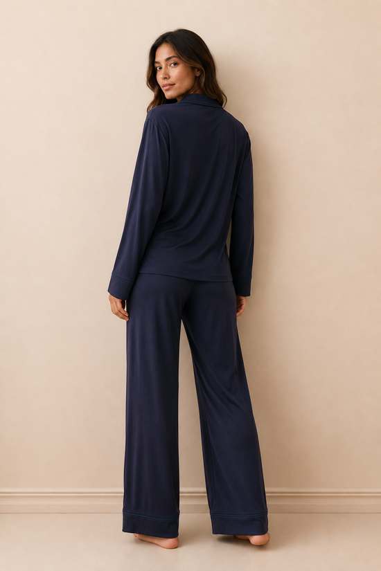 Soft Linen Pajama Set-Navy Blue