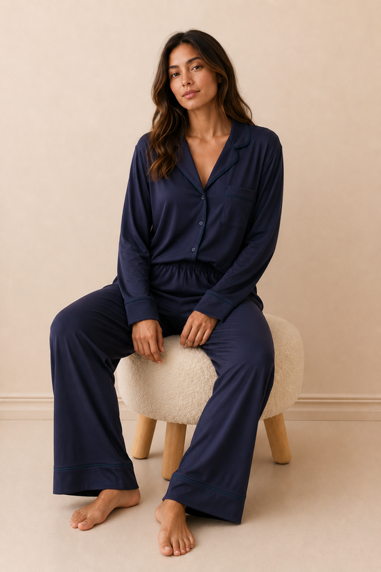 Soft Linen Pajama Set-Navy Blue