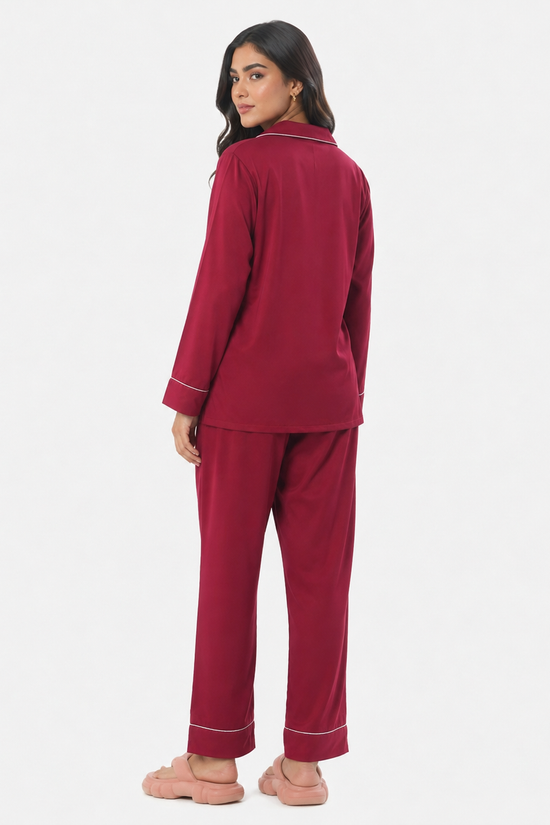 Satin Silk Pajama Suit with Scrunchie-Maroon