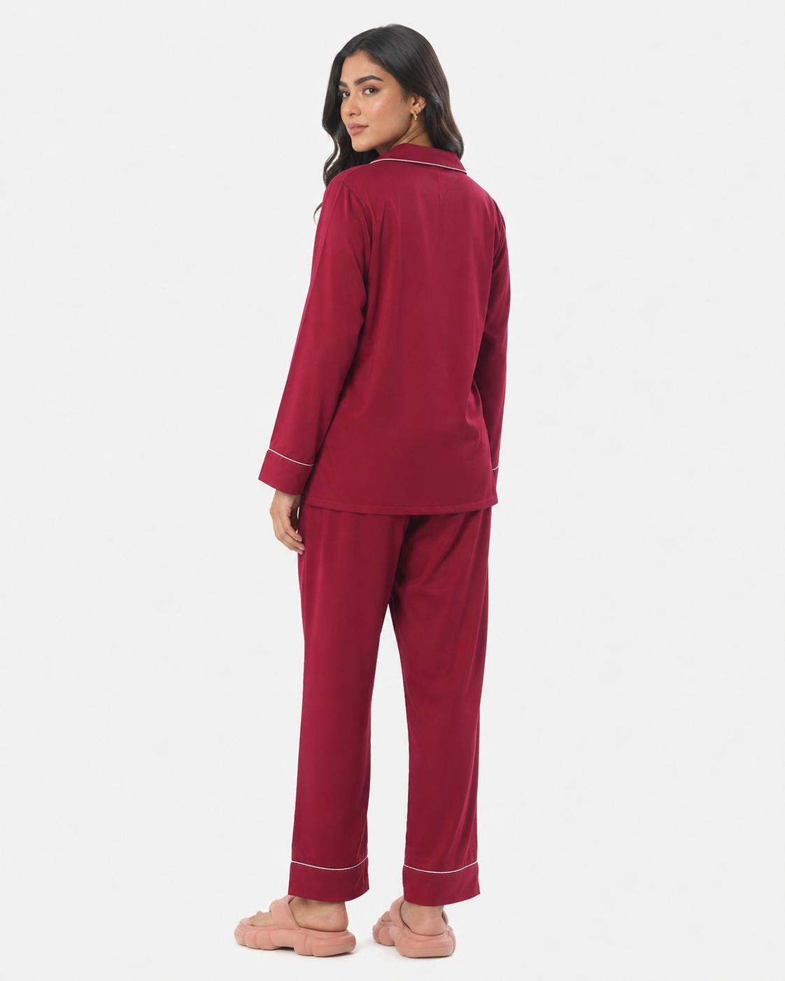 Satin Silk Pajama Suit with Scrunchie-Maroon