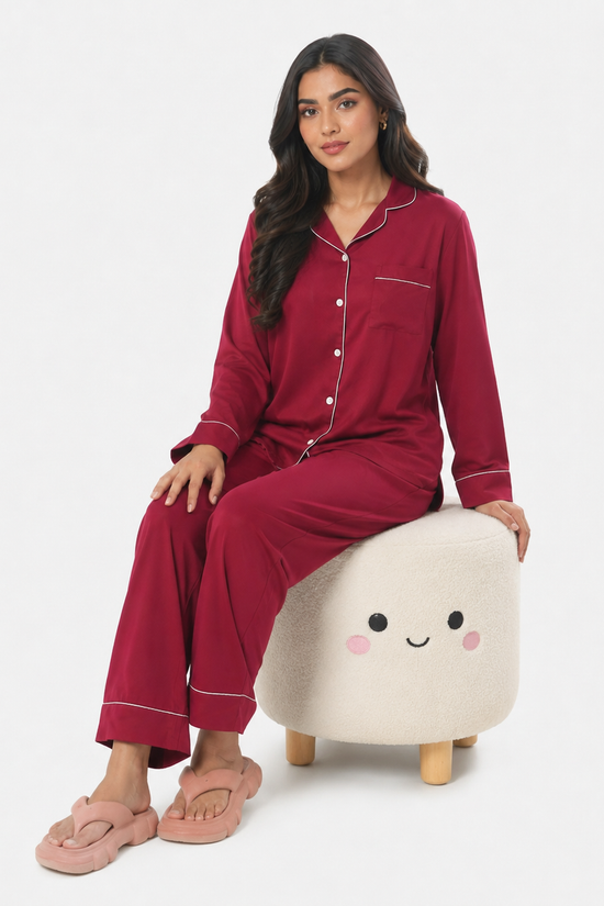 Satin Silk Pajama Suit with Scrunchie-Maroon