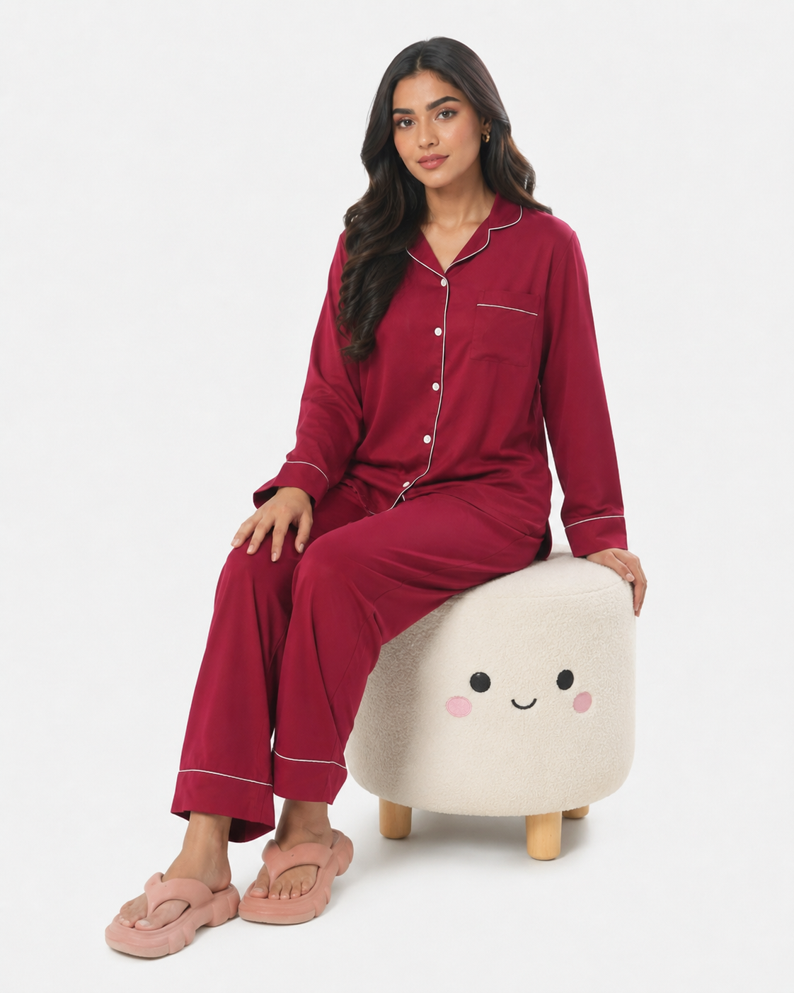 Satin Silk Pajama Suit with Scrunchie-Maroon