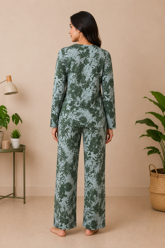Green Leaf Print Night Suit – Full Sleeves