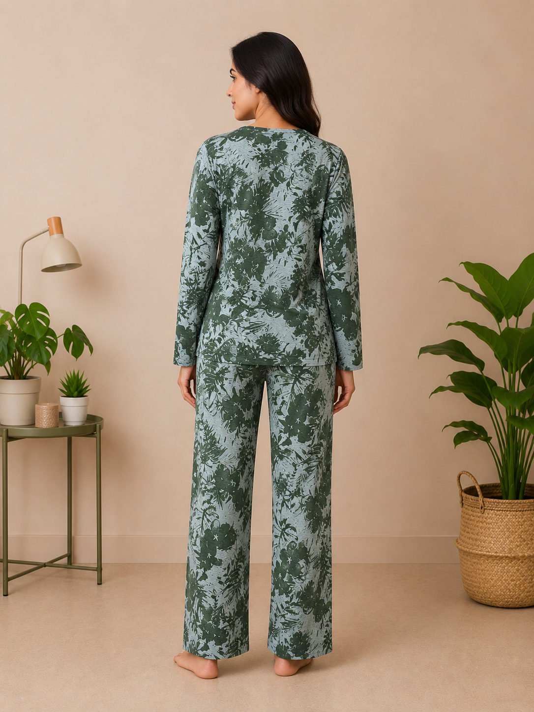 Green Leaf Print Night Suit – Full Sleeves