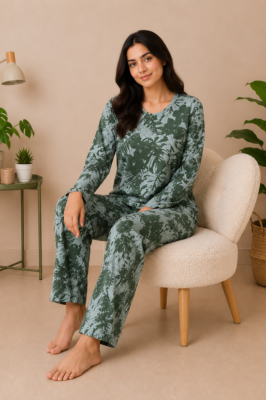 Green Leaf Print Night Suit – Full Sleeves