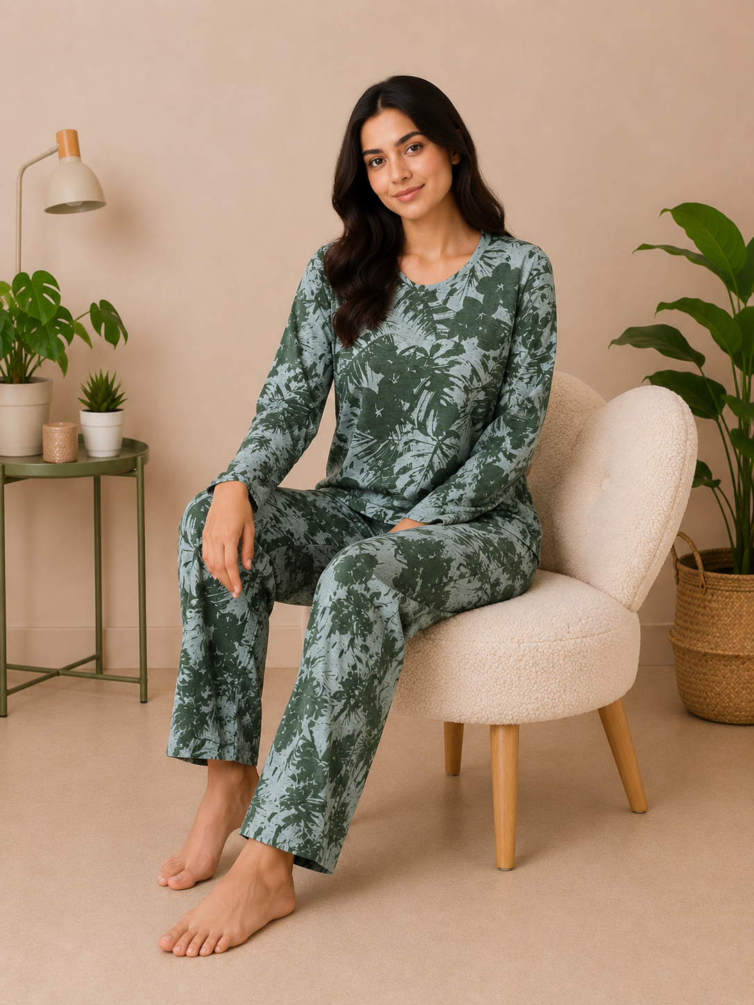 Green Leaf Print Night Suit – Full Sleeves