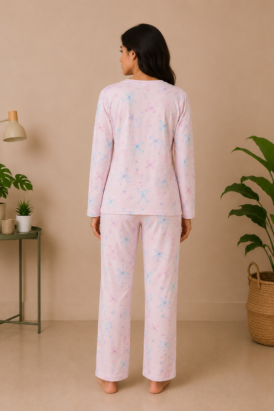 White Pink Floral Cozy Night Suit – Full Sleeves