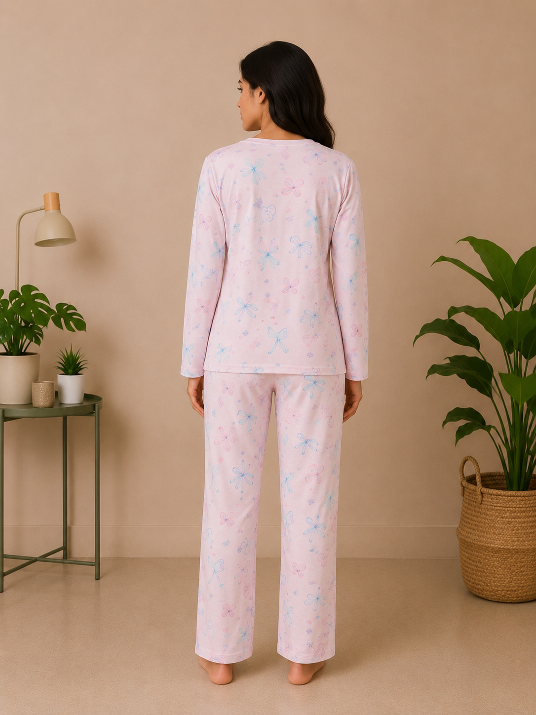 White Pink Floral Cozy Night Suit – Full Sleeves