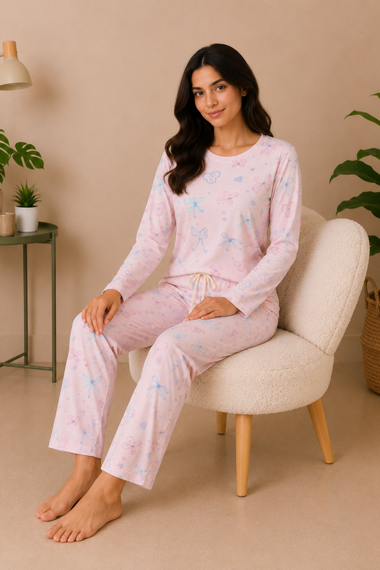 White Pink Floral Cozy Night Suit – Full Sleeves