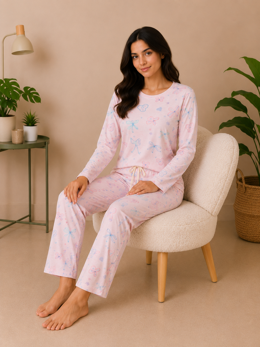 White Pink Floral Cozy Night Suit – Full Sleeves