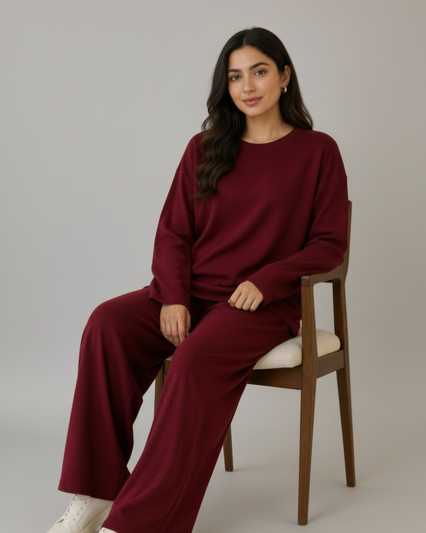 Woman sitting on a chair wearing a burgundy outfit with white sneakers in a bright room.