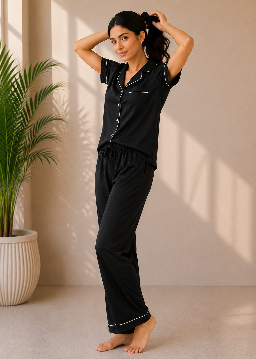 Premium Silk Night Set - Short Sleeve With Scrunchie