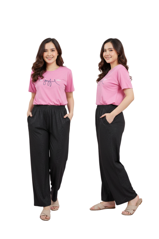 Women’s Printed Black Lounge Palazzo Pants with Elastic Waist
