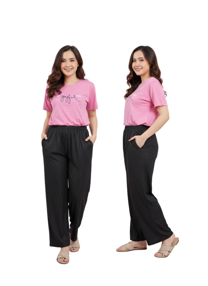 Women’s Printed Black Lounge Palazzo Pants with Elastic Waist