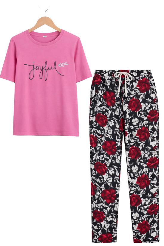 Women’s Pink Graphic T-Shirt & Floral Print Pajama Set – Comfortable Lounge Wear