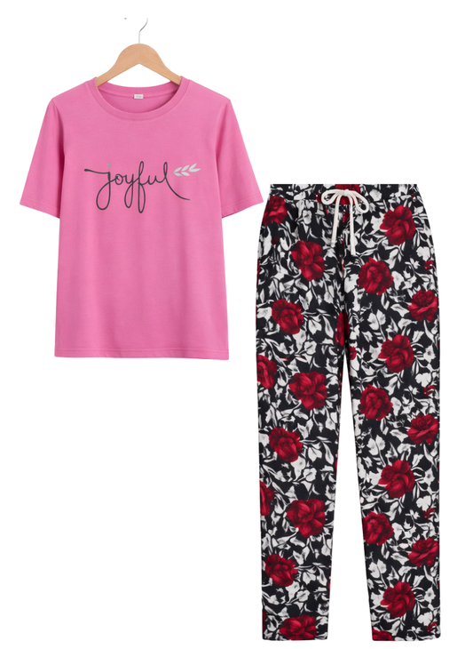 Women’s Pink Graphic T-Shirt & Floral Print Pajama Set – Comfortable Lounge Wear