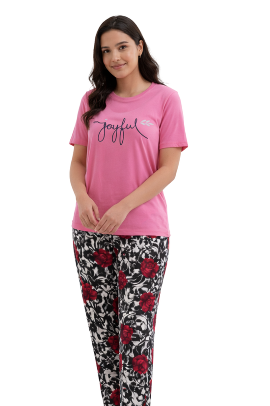 Women’s Pink Graphic T-Shirt & Floral Print Pajama Set – Comfortable Lounge Wear