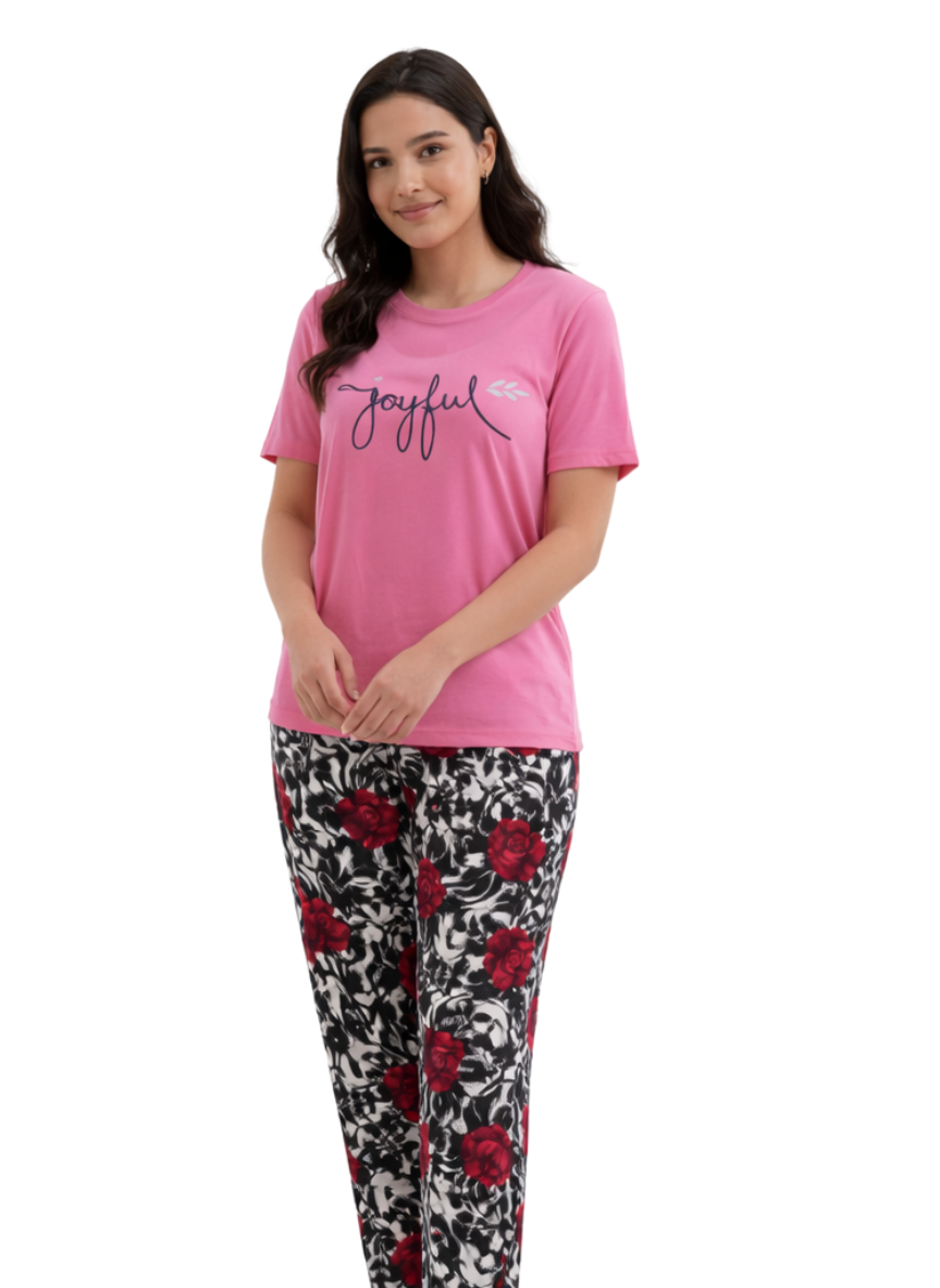 Women’s Pink Graphic T-Shirt & Floral Print Pajama Set – Comfortable Lounge Wear