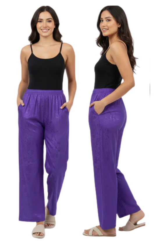Women’s Printed Purple Palazzo Pants – Relaxed Fit Wide-Leg Lounge Wear