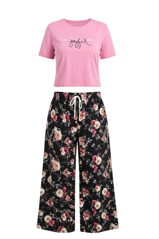 Joyful Pink Tee & Black Floral Palazzo Pajama Set