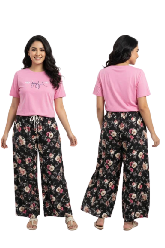 Joyful Pink Tee & Black Floral Palazzo Pajama Set