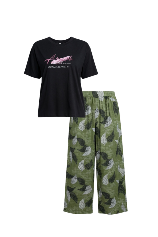 Olive Leaf Print Palazzo Pants with Black Graphic Tee – Casual Lounge Combo