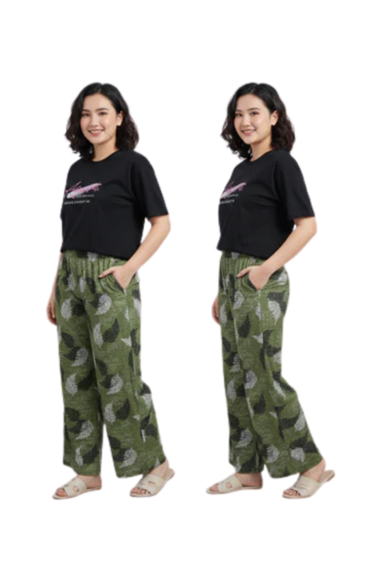Olive Leaf Print Palazzo Pants with Black Graphic Tee – Casual Lounge Combo