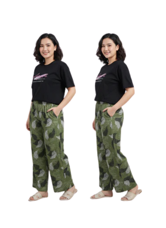 Olive Leaf Print Palazzo Pants with Black Graphic Tee – Casual Lounge Combo