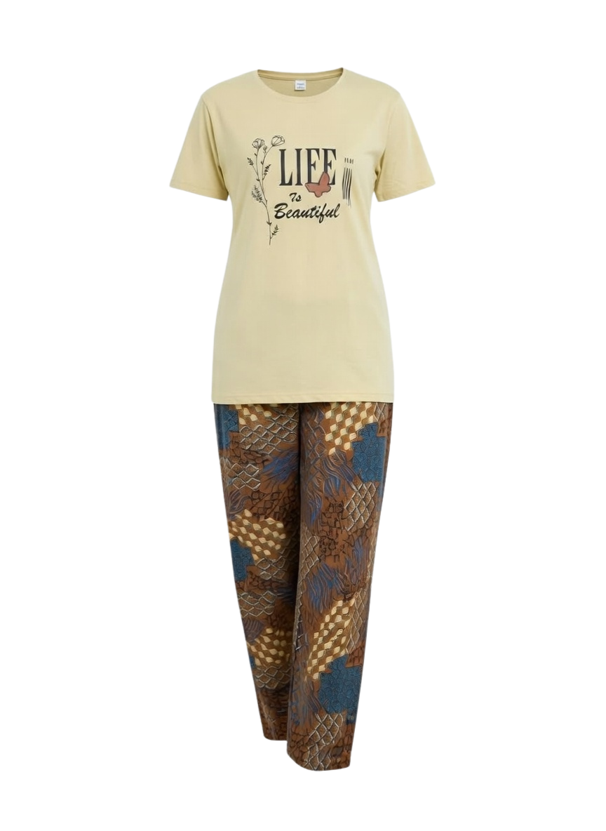 Life Is Beautiful Graphic Tee & Printed Lounge Pants Set (New Arrival)
