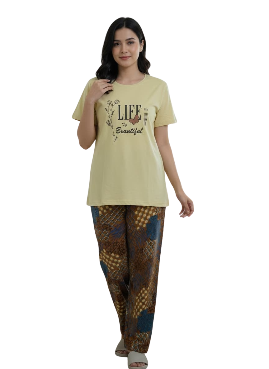 Life Is Beautiful Graphic Tee & Printed Lounge Pants Set (New Arrival)