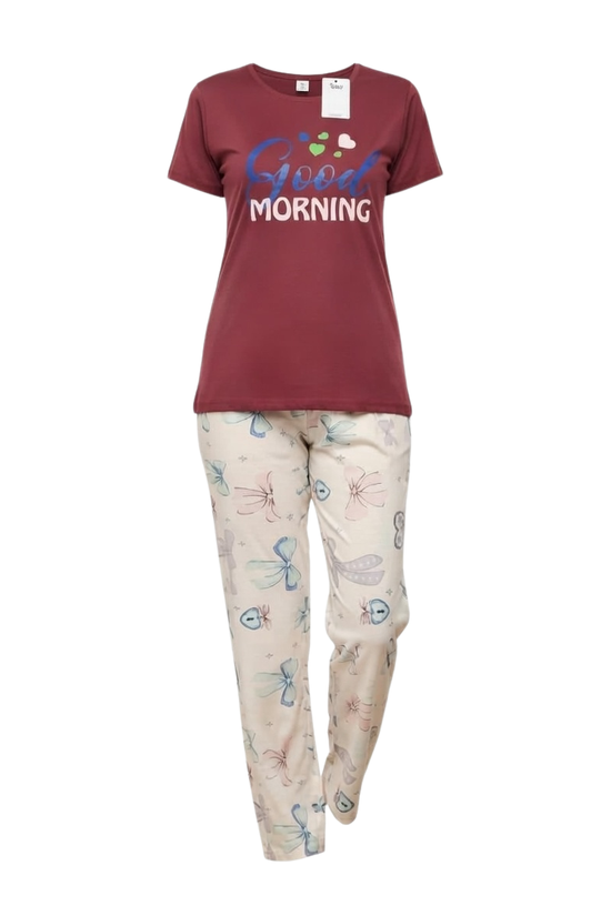 Good Morning Graphic Tee & Butterfly Print Pajama Set (New Arrival)